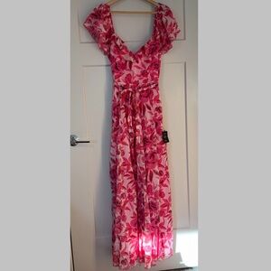 NWT Lulus Sensationally Sweeter Bright Pink Floral Ruffled Maxi Dress Size Large